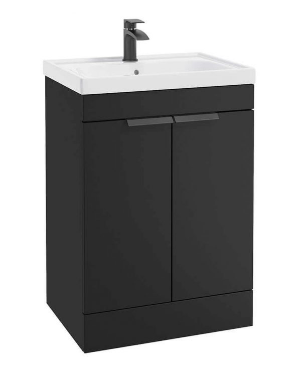  STOCKHOLM 60cm Two Door Floor Standing Matt Black Vanity Unit - Matt Black Handles