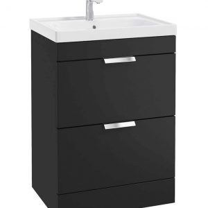 STOCKHOLM 60cm Two Drawer Floor Standing Matt Black Vanity Unit - Brushed Chrome Handles