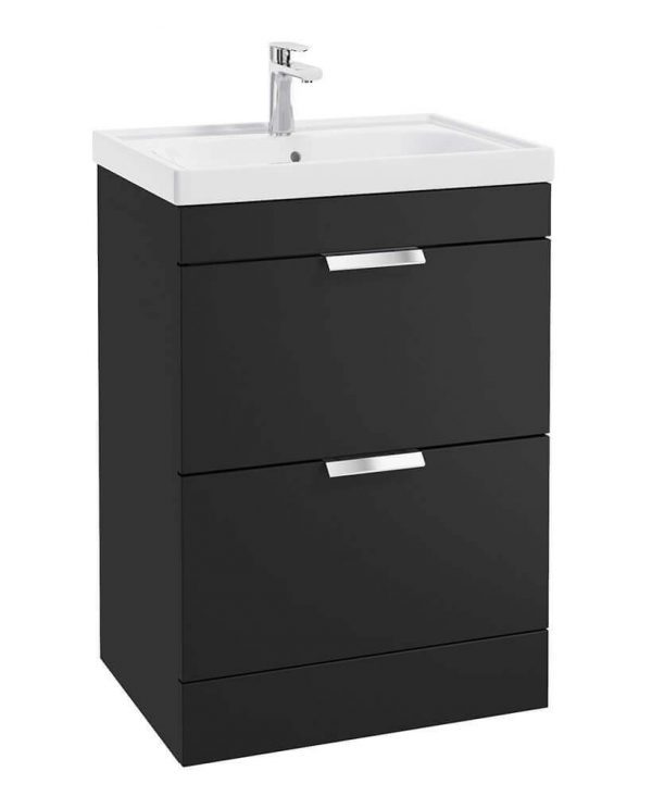  STOCKHOLM 60cm Two Drawer Floor Standing Matt Black Vanity Unit - Brushed Chrome Handles