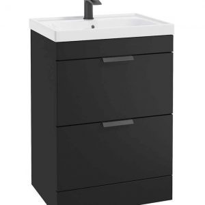 STOCKHOLM 60cm Two Drawer Floor Standing Matt Black Vanity Unit - Matt Black Handles