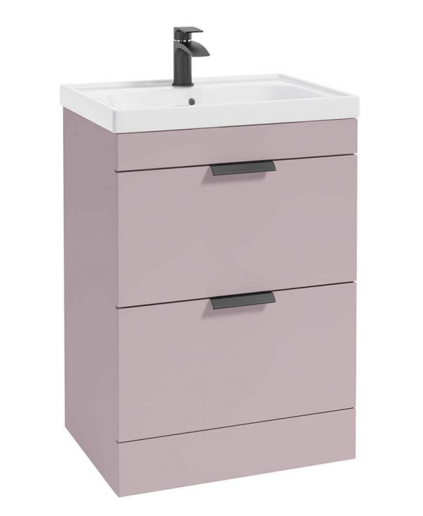  STOCKHOLM 60cm Two Drawer Floor Standing Matt Cashmere Pink Vanity Unit - Matt Black Handles