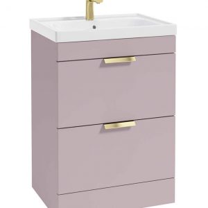 STOCKHOLM 60cm Two Drawer Floor Standing Matt Cashmere Pink Vanity Unit - Brushed Gold Handles