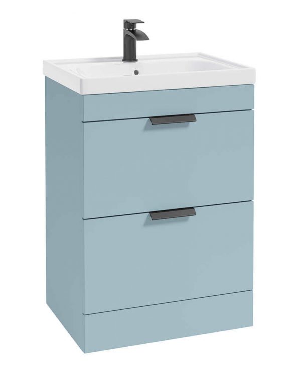  STOCKHOLM 60cm Two Drawer Floor Standing Matt Morning Sky Blue Vanity Unit - Matt Black Handles