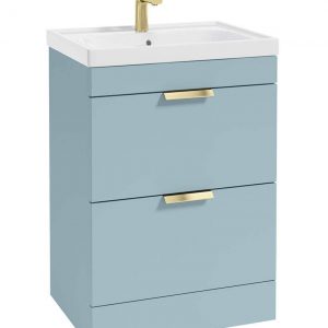 STOCKHOLM 60cm Two Drawer Floor Standing Matt Morning Sky Blue Vanity Unit - Brushed Gold Handles