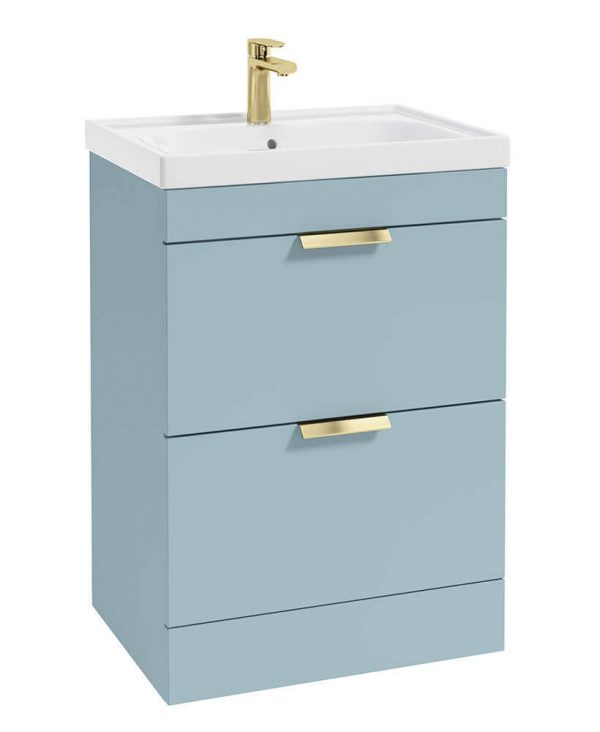  STOCKHOLM 60cm Two Drawer Floor Standing Matt Morning Sky Blue Vanity Unit - Brushed Gold Handles