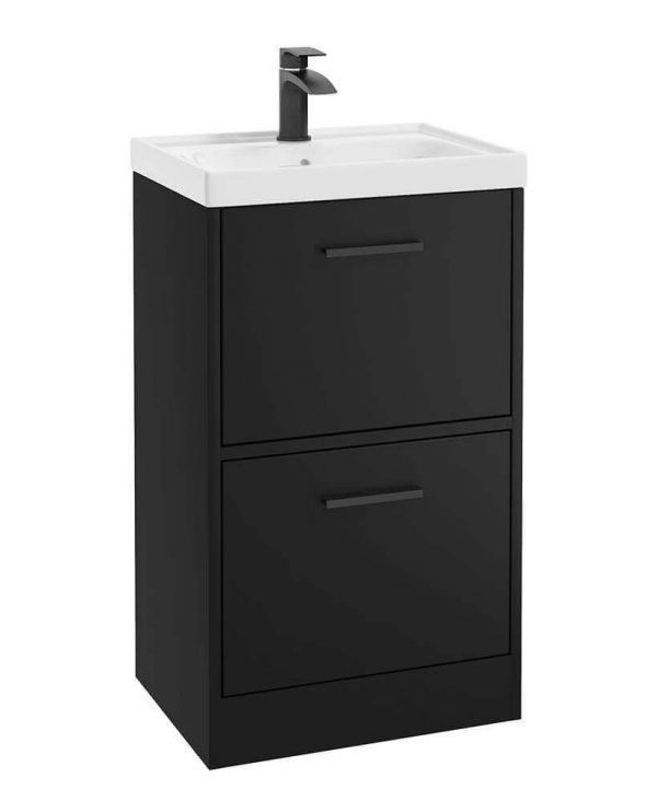  FINLAND 50cm Two Drawer Matt Black Floor Standing Vanity Unit - Matt Black Handle