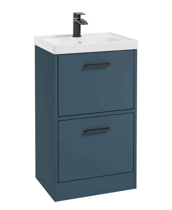  FINLAND 50cm Two Drawer Matt Ocean Blue Floor Standing Vanity Unit - Matt Black Handle