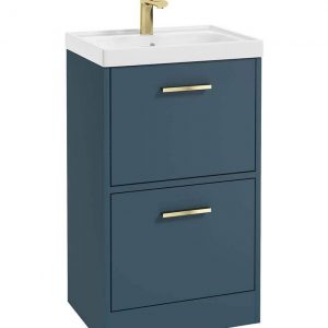 FINLAND 50cm Two Drawer Matt Ocean Blue Floor Standing Vanity Unit - Brushed Gold Handle