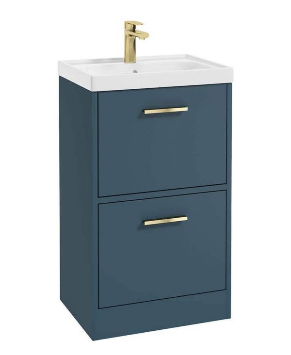  FINLAND 50cm Two Drawer Matt Ocean Blue Floor Standing Vanity Unit - Brushed Gold Handle