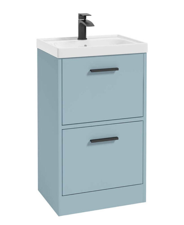  FINLAND 50cm Two Drawer Matt Morning Sky Blue Floor Standing Vanity Unit - Matt Black Handle