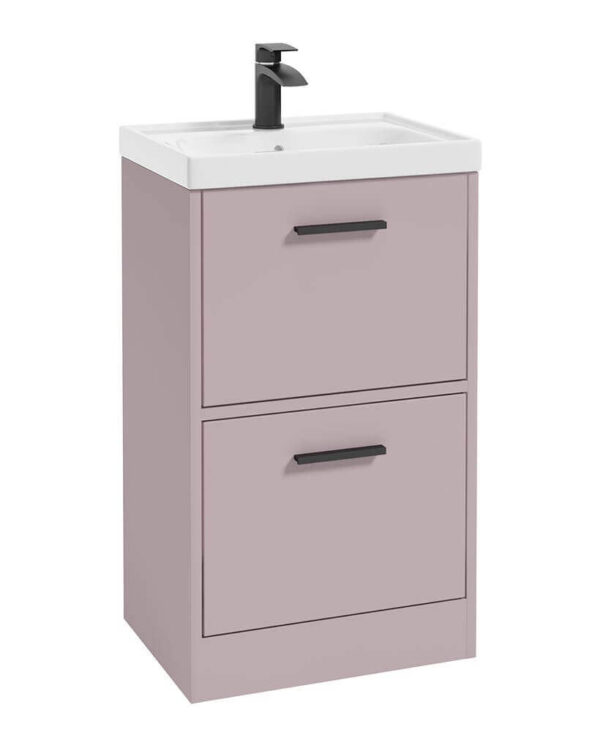  FINLAND 50cm Two Drawer Matt Cashmere Pink Floor Standing Vanity Unit - Brushed Gold Handle