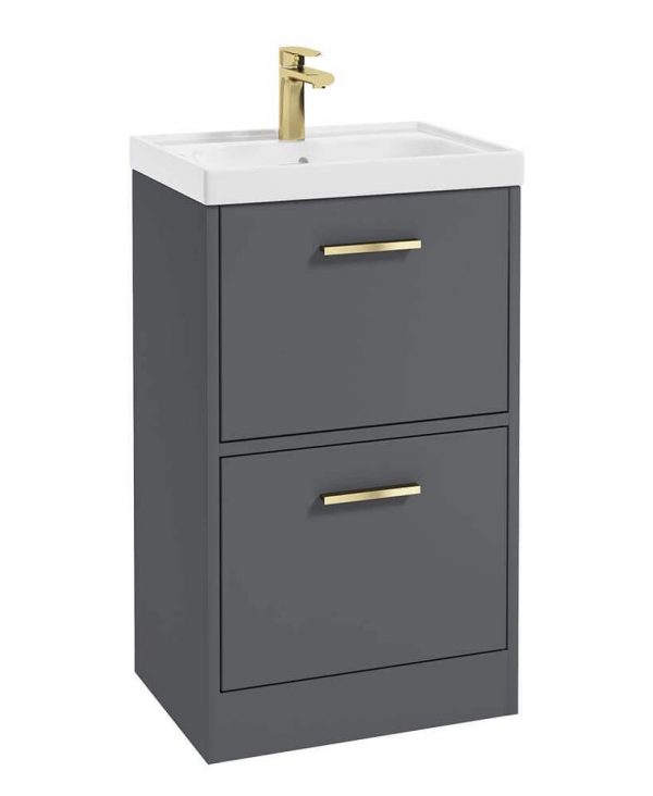  FINLAND 50cm Two Drawer Matt Midnight Grey Floor Standing Vanity Unit - Brushed Gold Handle