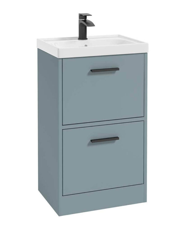  FINLAND 50cm Two Drawer Matt Coral Green Floor Standing Vanity Unit - Matt Black Handle