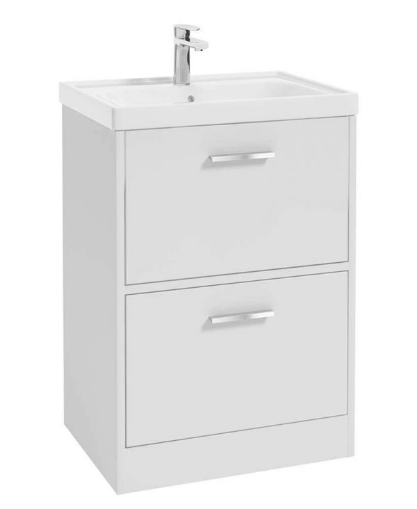  FINLAND 60cm Two Drawer Matt White Floor Standing Vanity Unit - Brushed Chrome Handle