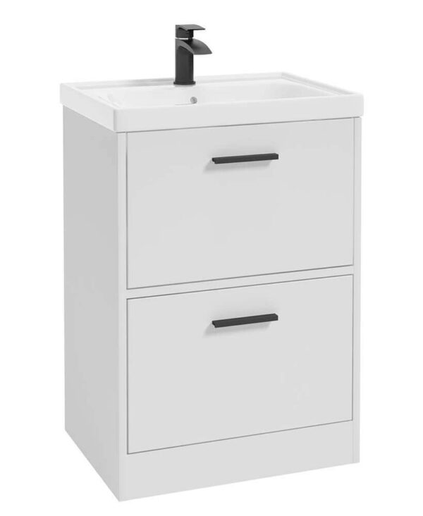  FINLAND 60cm Two Drawer Matt White Floor Standing Vanity Unit - Matt Black Handle