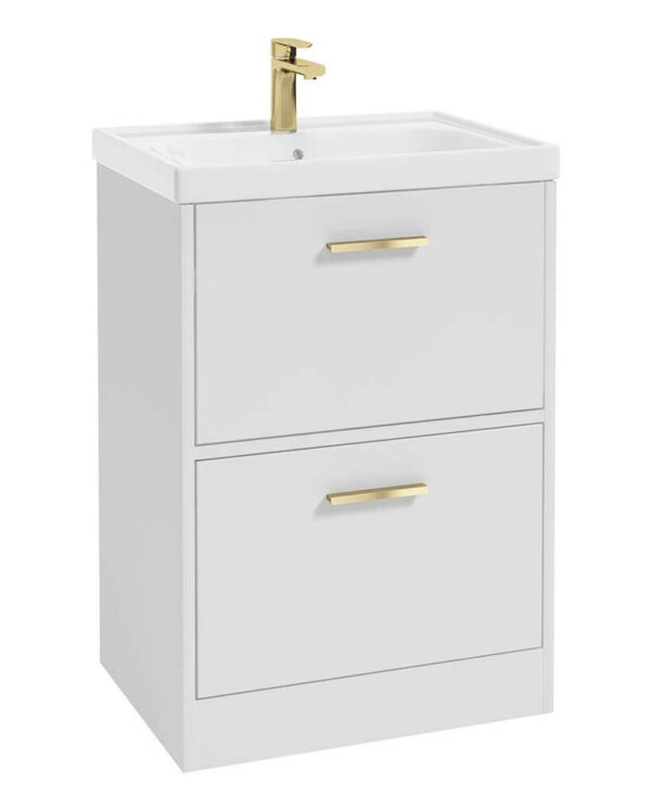  FINLAND 60cm Two Drawer Matt White Floor Standing Vanity Unit - Brushed Gold Handle