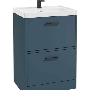 FINLAND 60cm Two Drawer Matt Ocean Blue Floor Standing Vanity Unit - Matt Black Handle