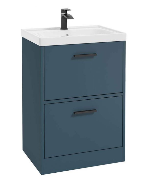  FINLAND 60cm Two Drawer Matt Ocean Blue Floor Standing Vanity Unit - Matt Black Handle