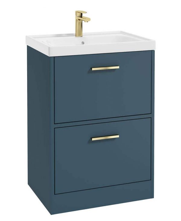  FINLAND 60cm Two Drawer Matt Ocean Blue Floor Standing Vanity Unit - Brushed Gold Handle