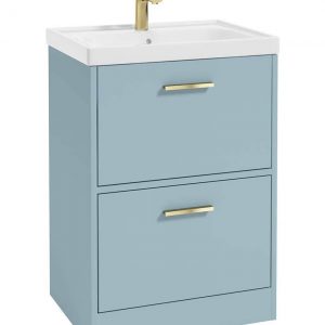 FINLAND 60cm Two Drawer Matt Morning Sky Blue Floor Standing Vanity Unit - Brushed Gold Handle