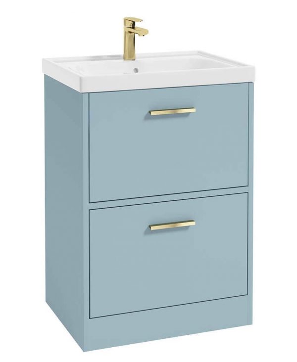  FINLAND 60cm Two Drawer Matt Morning Sky Blue Floor Standing Vanity Unit - Brushed Gold Handle