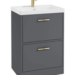 FINLAND 60cm Two Drawer Matt Midnight Grey Floor Standing Vanity Unit - Brushed Gold Handle