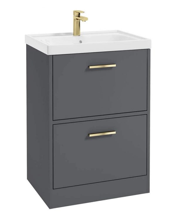  FINLAND 60cm Two Drawer Matt Midnight Grey Floor Standing Vanity Unit - Brushed Gold Handle