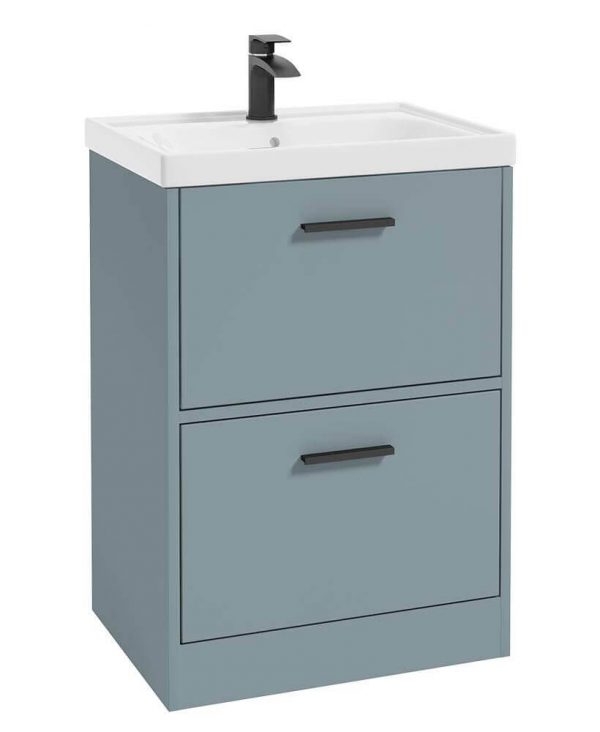  FINLAND 60cm Two Drawer Matt Coral Green Floor Standing Vanity Unit - Matt Black Handle