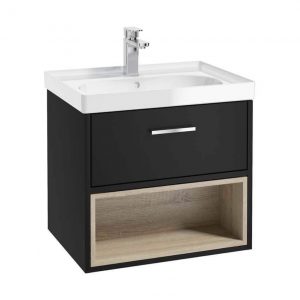 MALMO 60cm Matt Black Single Drawer Vanity Unit Gloss Basin - Brushed Chrome Handle