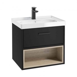 MALMO 60cm Matt Black Single Drawer Vanity Unit Gloss Basin - Matt Black Handle