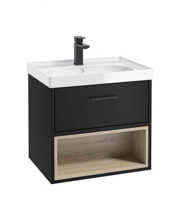  MALMO 60cm Matt Black Single Drawer Vanity Unit Gloss Basin - Matt Black Handle