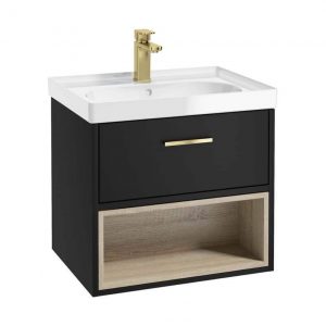 MALMO 60cm Matt Black Single Drawer Vanity Unit Gloss Basin - Brushed Gold Handle