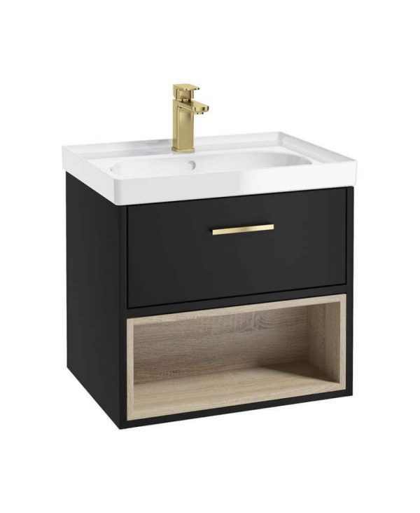  MALMO 60cm Matt Black Single Drawer Vanity Unit Gloss Basin - Brushed Gold Handle