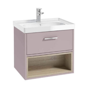 MALMO 60cm Matt Cashmere Pink Single Drawer Vanity Unit Gloss Basin - Brushed Chrome Handle