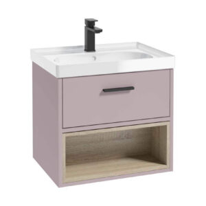 MALMO 60cm Matt Cashmere Pink Single Drawer Vanity Unit Gloss Basin - Matt Black Handle