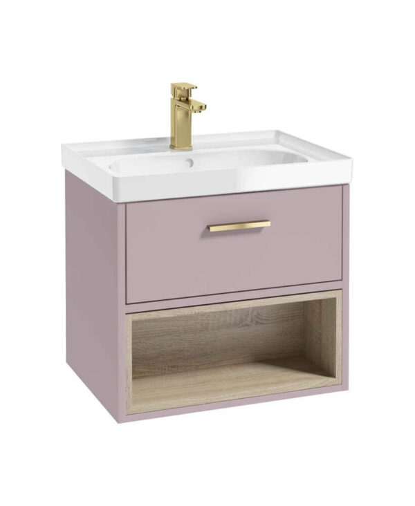  MALMO 60cm Matt Cashmere Pink Single Drawer Vanity Unit Gloss Basin - Brushed Gold Handle