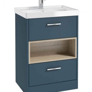 MALMO 60cm Two Drawer Matt Ocean Blue Floor Standing Vanity Unit Gloss Basin- Brushed Chrome Handle