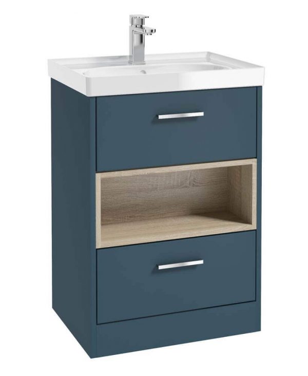  MALMO 60cm Two Drawer Matt Ocean Blue Floor Standing Vanity Unit Gloss Basin- Brushed Chrome Handle