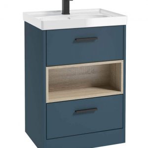 MALMO 60cm Two Drawer Matt Ocean Blue Floor Standing Vanity Unit Gloss Basin- Matt Black Handle