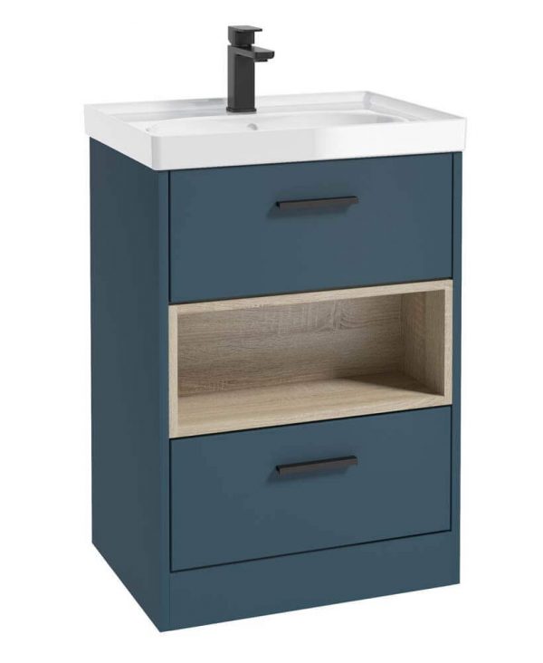  MALMO 60cm Two Drawer Matt Ocean Blue Floor Standing Vanity Unit Gloss Basin- Matt Black Handle