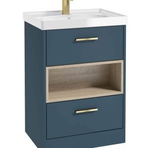 MALMO 60cm Two Drawer Matt Ocean Blue Floor Standing Vanity Unit Gloss Basin- Brushed Gold Handle