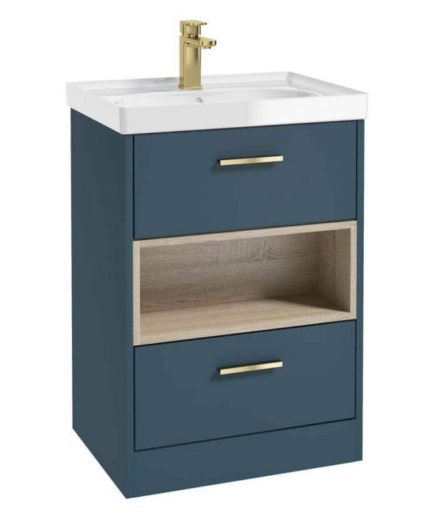  MALMO 60cm Two Drawer Matt Ocean Blue Floor Standing Vanity Unit Gloss Basin- Brushed Gold Handle