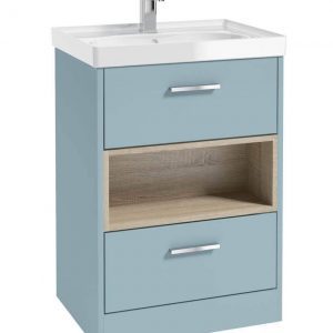 MALMO 60cm Two Drawer Matt Morning Sky Blue Floor Standing Vanity Unit Gloss Basin- Brushed Chrome Handle