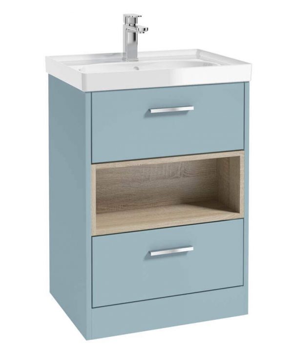  MALMO 60cm Two Drawer Matt Morning Sky Blue Floor Standing Vanity Unit Gloss Basin- Brushed Chrome Handle