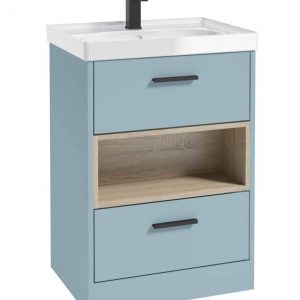 MALMO 60cm Two Drawer Matt Morning Sky Blue Floor Standing Vanity Unit Gloss Basin- Matt Black Handle