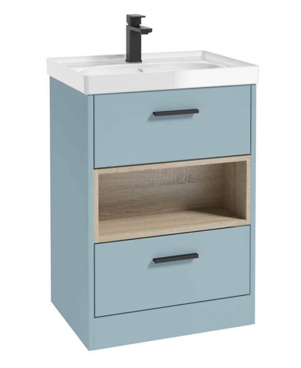  MALMO 60cm Two Drawer Matt Morning Sky Blue Floor Standing Vanity Unit Gloss Basin- Matt Black Handle