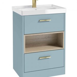 MALMO 60cm Two Drawer Matt Morning Sky Blue Floor Standing Vanity Unit Gloss Basin- Brushed Gold Handle