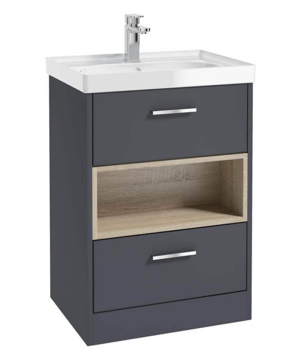  MALMO 60cm Two Drawer Matt Night Sky Blue Floor Standing Vanity Unit Gloss Basin- Brushed Chrome Handle