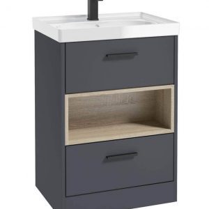 MALMO 60cm Two Drawer Matt Night Sky Blue Floor Standing Vanity Unit Gloss Basin- Matt Black Handle