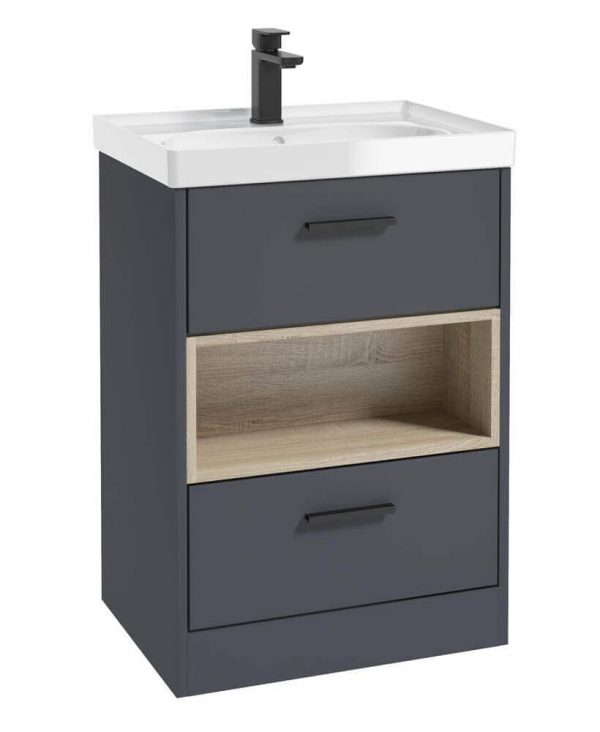  MALMO 60cm Two Drawer Matt Night Sky Blue Floor Standing Vanity Unit Gloss Basin- Matt Black Handle